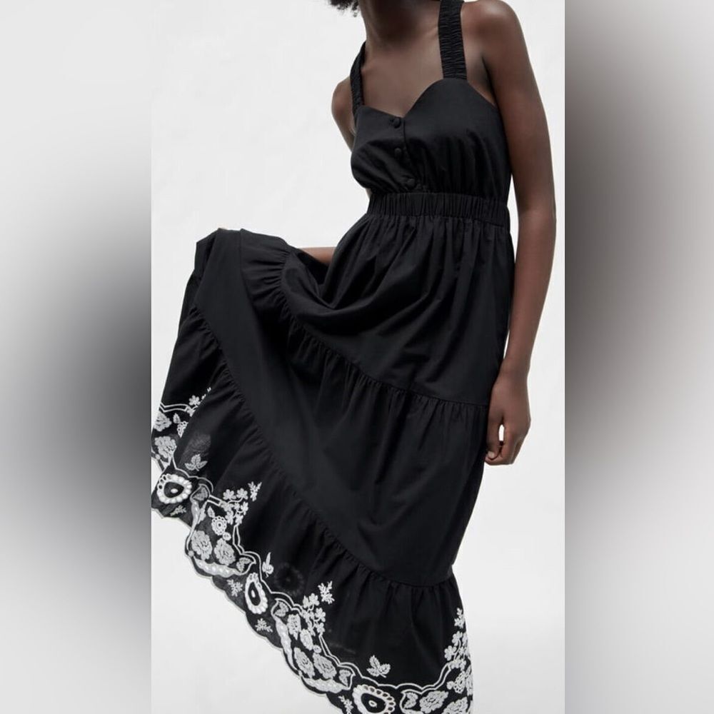 Zara black poplin embroidered midi dress with elastic cross back straps - Picture 3 of 11